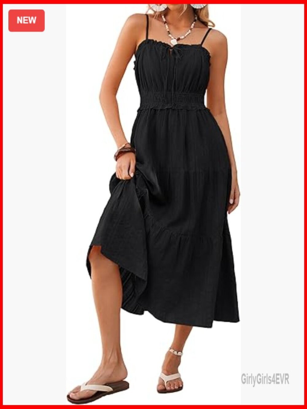Spaghetti Strap Sleeveless Elastic Waist Midi Sundress with Pockets
